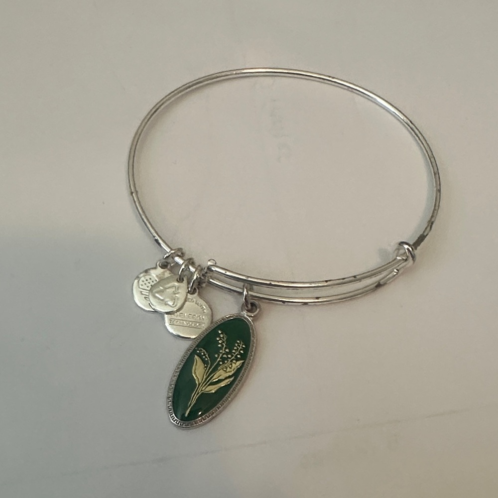 Alex and Ani Silver and Green Charm Bracelet- Lily of the valley